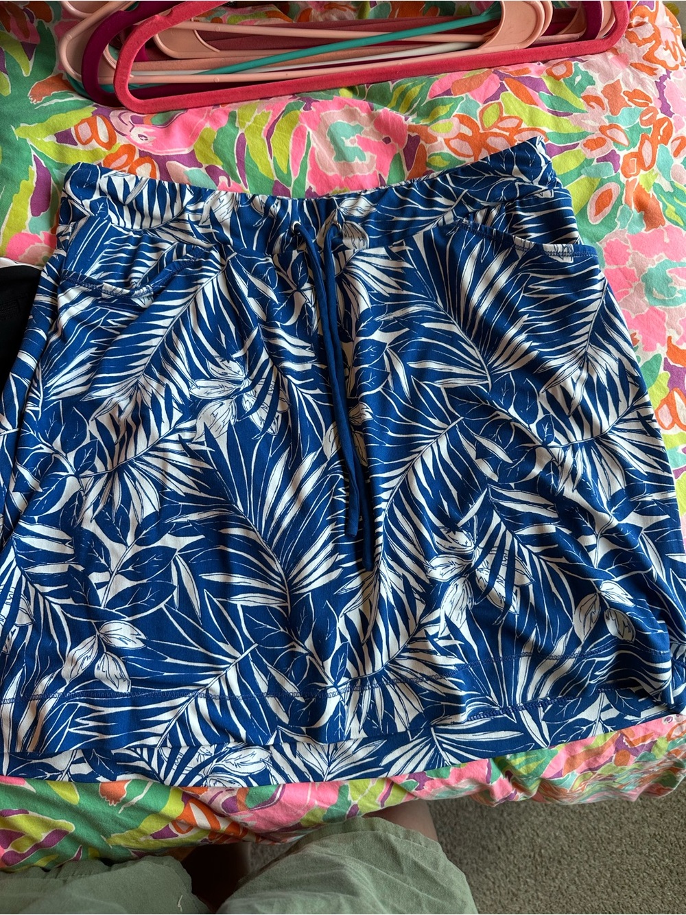 Blue Tropical Print Drawstring Mini Skort
